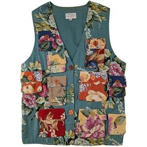 VTG Susan Bristol Vest Womens S‎ Green Linen Cottagecore Grandmacore Patchwork